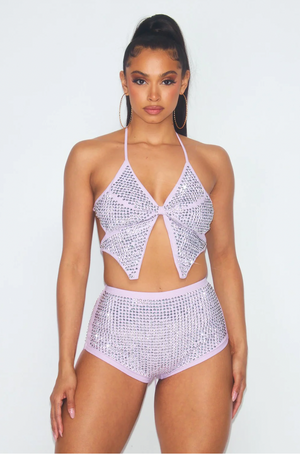 BUTTERFLY RHINESTONE CROP TOP AND SHORTS SWIM SET
