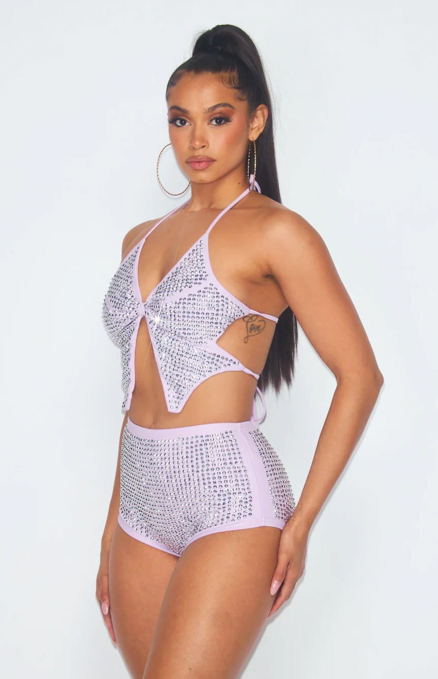 BUTTERFLY RHINESTONE CROP TOP AND SHORTS SWIM SET