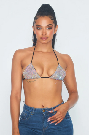 SLAY ALL NIGHT RHINESTONE TRIANGLE HALTER BRA TOP