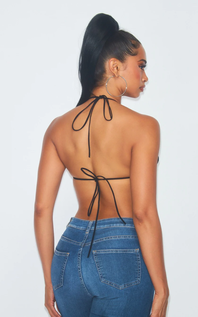 SLAY ALL NIGHT RHINESTONE TRIANGLE HALTER BRA TOP